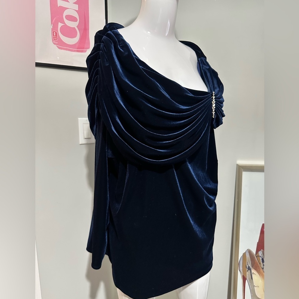 Laura Plus Petites Navy Velvet Draped Top with Rhinestone Detail – New